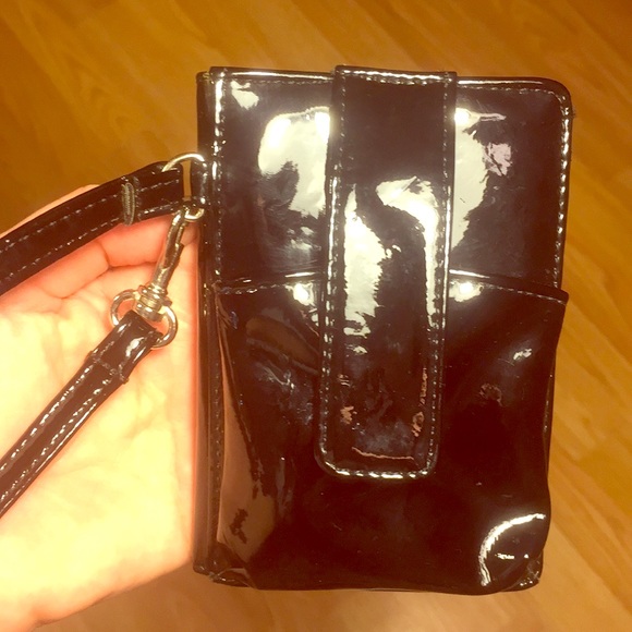Shiny black sexy zipper sleek snap secure wristlet phone mini fun little bag new - Picture 2 of 15